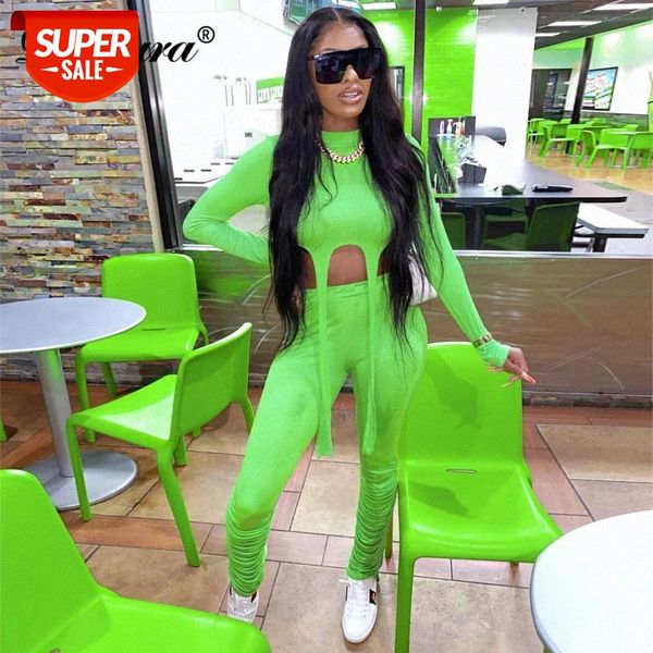 

dulzura ribbed women 2 piece stacked pants set crop long sleeve leggings bodycon streetwear 2020 autumn winter workout #vf29, White