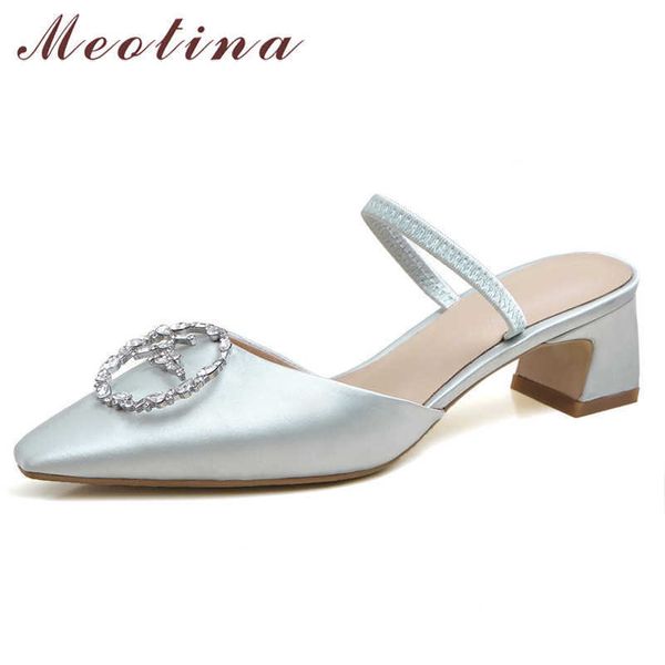 

meotina mid heels women pumps crystal mules ladies pointed toe block heel footwear female summer sliver black plus size .5 210608