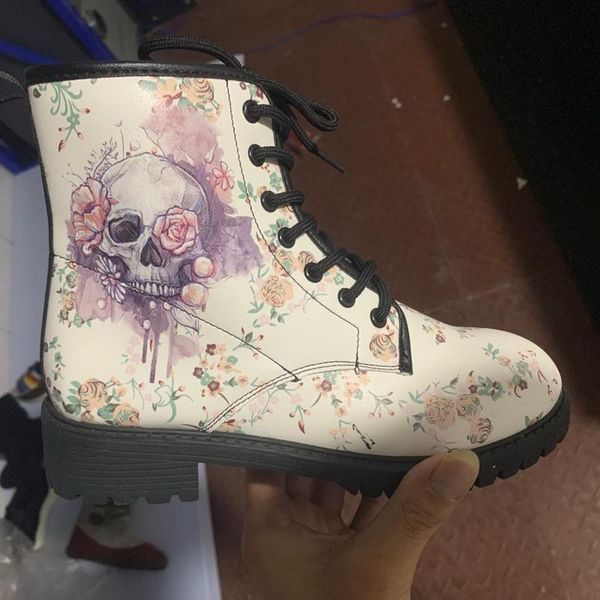

boots women's fashion digital print autumn lady high skull pattern boot british pu work casual, Black
