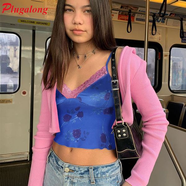 

plugalong lace patchwork rose print summer for women y2k camis bodycon crop tank streetwear casual camisole night club 210225, White