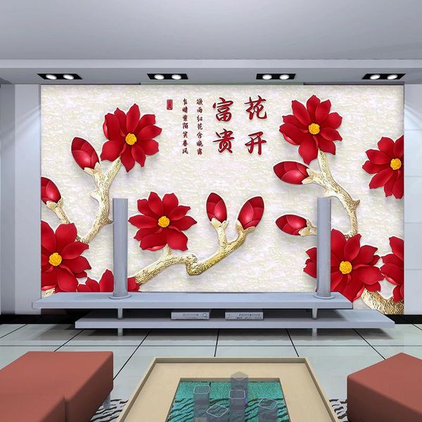 

wallpapers tv as background livingroomfactory price customized wallpaper mural chinese pattern with red flowers behind sofa