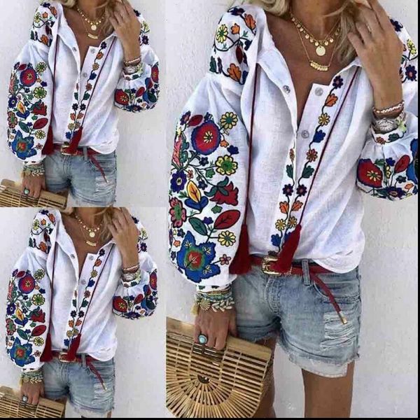 

women casual flower cotton linen button long lantern sleeve shirt blouse tunic holiday beach wear national feature blouses, White