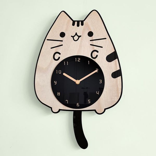 

wall clocks woodiness cartoon clock children's room cat wagging tail creative silent swing for kids rooms