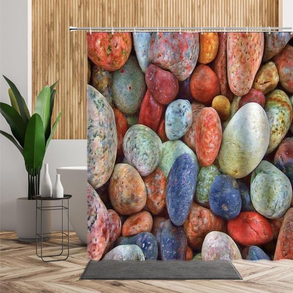 

shower curtains colored stone round cobble waterproof bath cloth screen with hook 3d creative bathroom curtain set douchegordijn