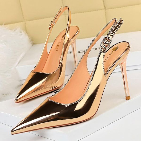 

sandals 2021 summer fashion women sparkly 9.5cm high heels club gold slingback pumps lady plus size prom bride shoes, Black