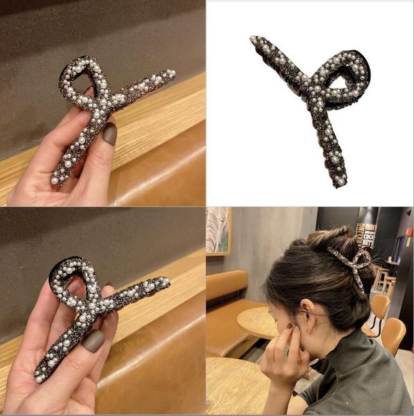 

diamond pearl cross shark personality net red hair grab back of the head temperament versatile clip headdress hairpin, Slivery;golden
