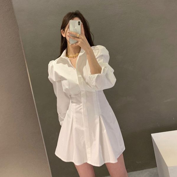 

shirt dress korean style fashion lantern sleeve clothing single breasted casual solid turn-down collar summer dresses, Black;gray
