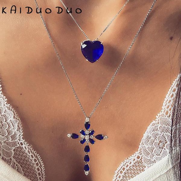 

pendant necklaces wedding charm jewelry choker fashion lady party accessories charming blue crystal heart cross necklace elegant women', Silver