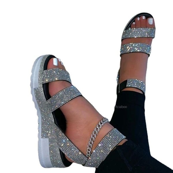 

sandals 2021 summer low leather color drill round head one line water thick bottom slope heel shoes fish mouth, Black