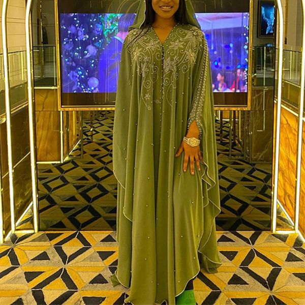 

2021 new women long loose diamond bead es dashiki traditional boubou african clothes abaya muslim turkey musulman wear ivia, Black;gray