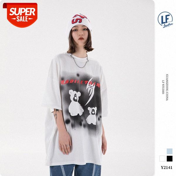 

lawfoo national men's clothing spray paint bear print loose short-sleeved t-shirt tee #a017, White;black