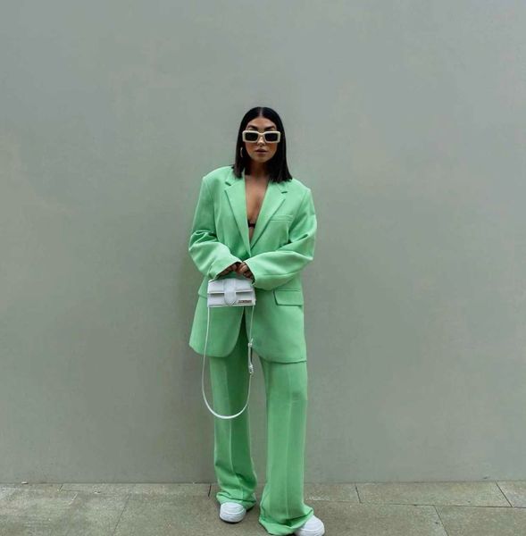 

2 piece set suit blazer women elegant high fashion vintage chic lady woman outfit oversized blazer set pants suits 210709, White