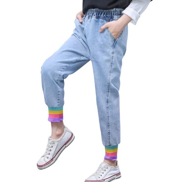 

girls jeans letter jeans girls patchwork kids rainbow stirped children's clothes 6 8 10 12 14, Blue
