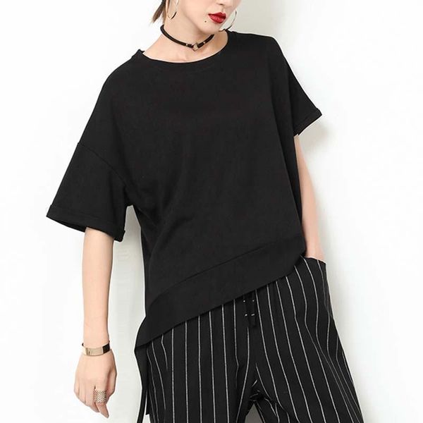 

women's t-shirt hzirip summer korean o-neck solid asymmetrical street style 2021 office lady cotton short sleeves loose all match t-shi, White