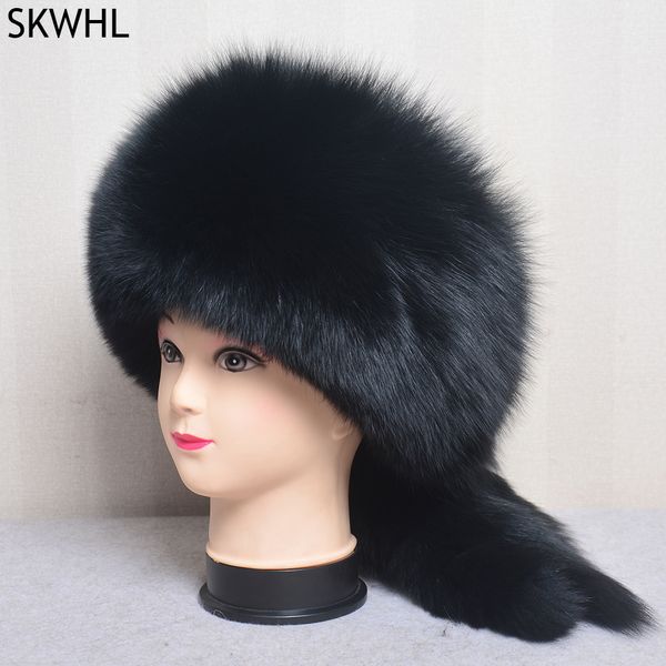 Berretto in vera pelliccia di volpe naturale da donna in stile russo con coda di volpe, cappello da berretto bomber in volpe morbido e caldo