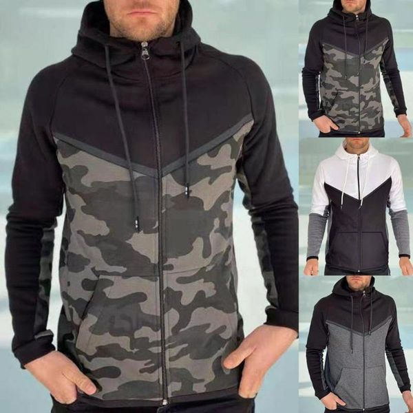 

men's hoodies & sweatshirts men hoodie drawstring camouflage contrast colors stand collar coat warm splicing hooded sweatshirt for autu, Black