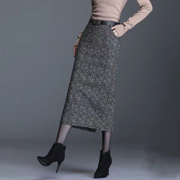 

autumn medium wool waist high plaid with belt behind split female skirts y265 5b7q, Black