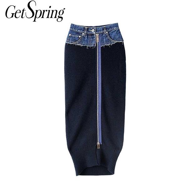 

getspring women skirt denim patchwork knitting skirts womens color matching vintage casual long high waist skirts woman clothes 210309, Black