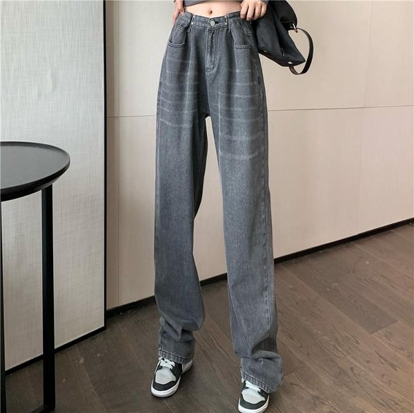 

2021 new hyuna loose wide-leg jeans retro hook high waist mopping pants old pants women, Blue