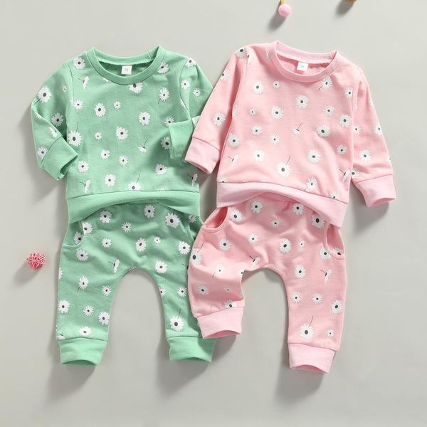 

clothing sets baby girl spring autumn sweatshirt + pants set flower pattern pullover pocket decoration elastic waist pant, White