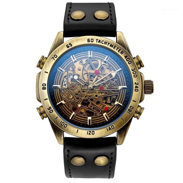 

classic vintage men automatic mechanical watch skeleton bronze steampunk transparent self winding mens watches leather man clock wristwatche, Slivery;brown