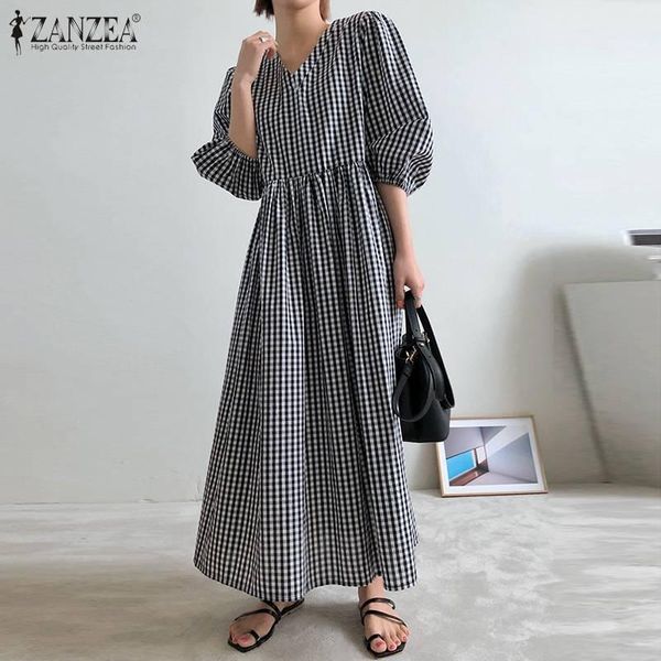 

2021 zanzea women elegant v neck puff sleeve long dress summer plaid checked party sundress robe femme vestido kaftan plus size, Black;gray