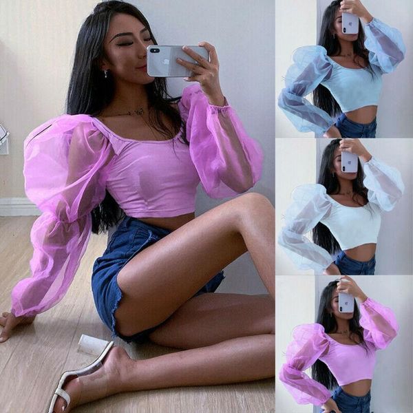 

woman long puff sleeve short blouse solid fold puff sleeve square neck crop 2021 summer autumn female blouses shirts, White