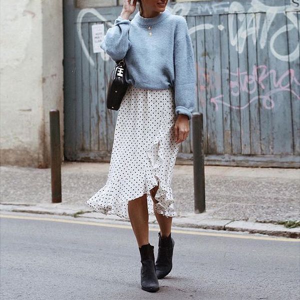 

2021 new arrivals womens streetwear ruffles dot half-length skirt fashion high waist women denim pleated skirts, White;black