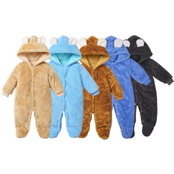 

jumpsuits born baby boys girl plush fleece romper 2021 winter clothes solid long sleeve hooded foot-closed outfits, Blue