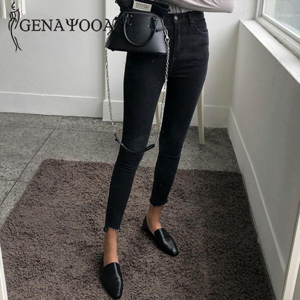 

genayooa vintage jeans woman casual high waist jeans streetwear skinny woman black demin pants1, Blue