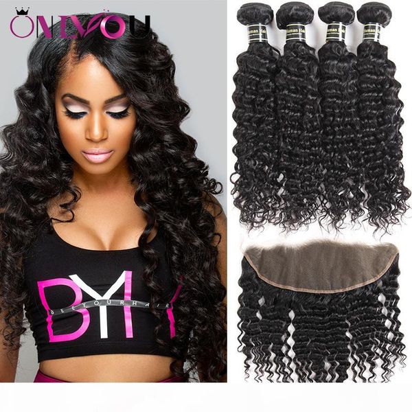 

mink brazilian body deep water wave straight kinky curly virgin human hair weave 4 bundles with closure and lace frontal bundle deal weaves, Black