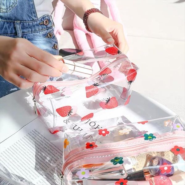 

transparent cosmetic travel organizer bags makeup clear zipper peach avocado straberry pvc beauty fahion girl women handbag