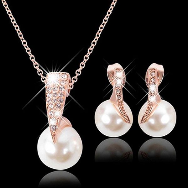 

earrings & necklace wedding jewelry set bride rose gold crystal faux pearl pendant juwelen sets for women bridal, Silver