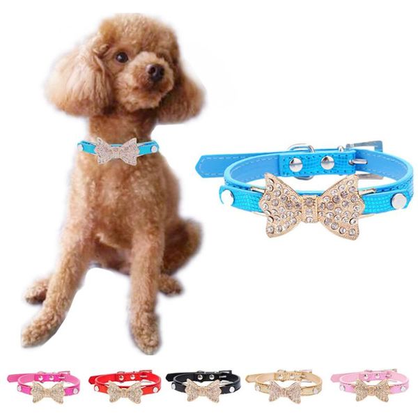 

rhinestone dog collar xs s m bling crystal bowknot pet collar puppy choker cat necklace sweet pet collars pu leather 40d16