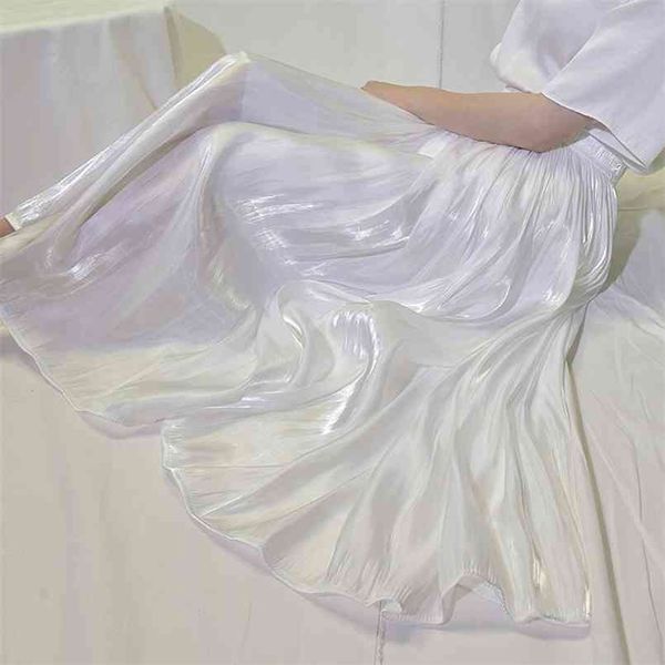 

silk satin skirt long woman casual women pleated korean style chiffon beach summer s womens with elastic waist 210708, Black