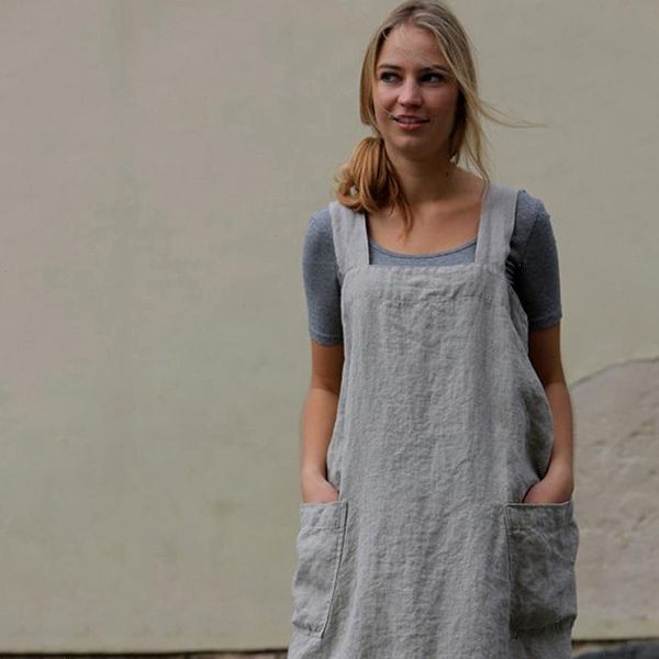 

pinafore dress cotton linen pinafore cross apron garden work pinafore dress women square collar suspender dress overall pocket, Black;gray