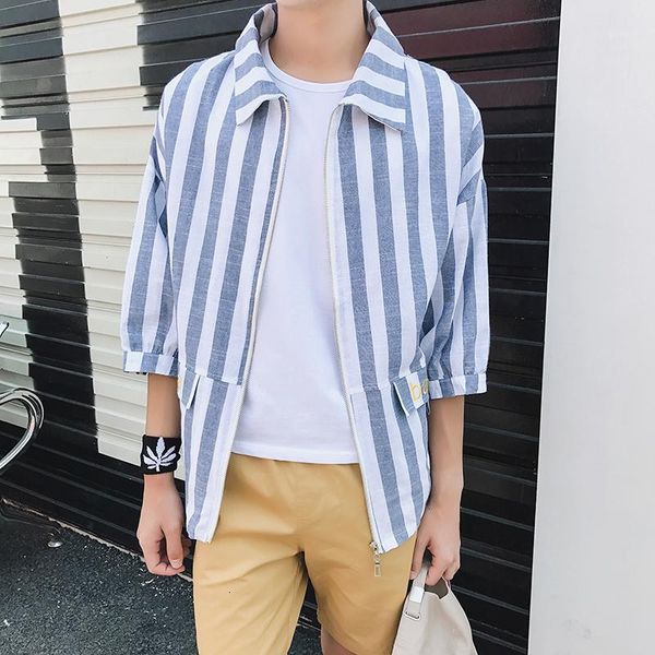 

men striped shirt spring autumn casual long sleeve loose shirts men shirts three quarter korean shirt male clothes1, White;black