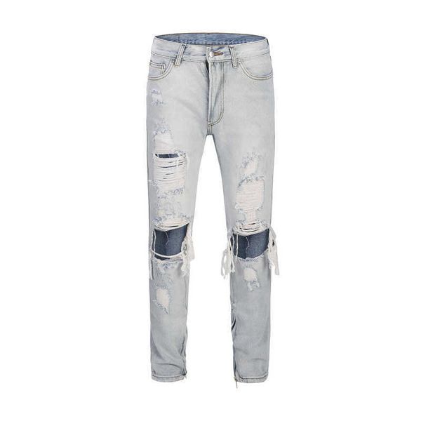 

men's jeans washed white big hole jeans knee hole jeans, Blue