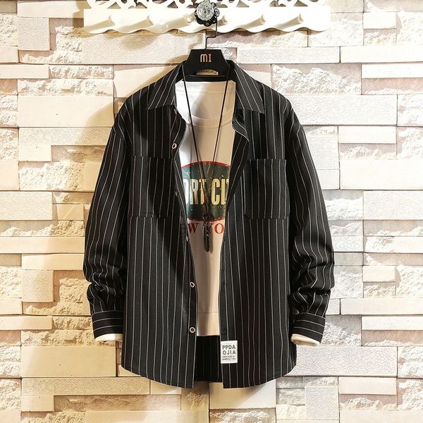 

2021 casual brand striped men's black shirts long sleeves new spring autumn plus overasian size m-5xl 3yty, White;black