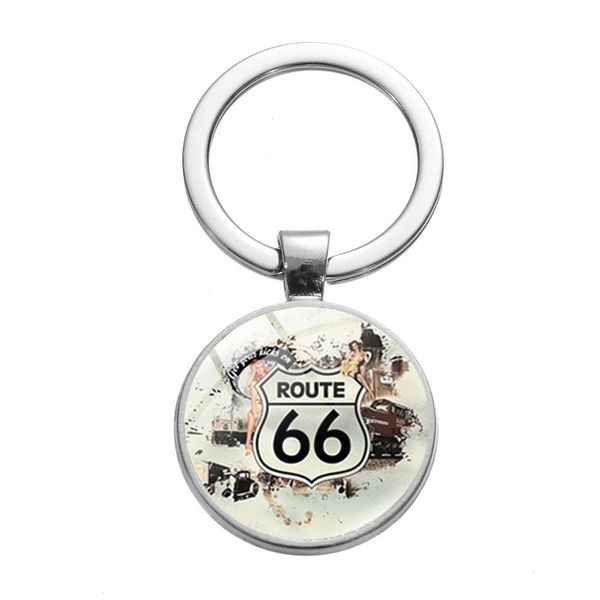 

garage motorcycle retro p keychain usa route 66 flag printed glass crystal key rings exquisite bag trinkets souvenir, Silver