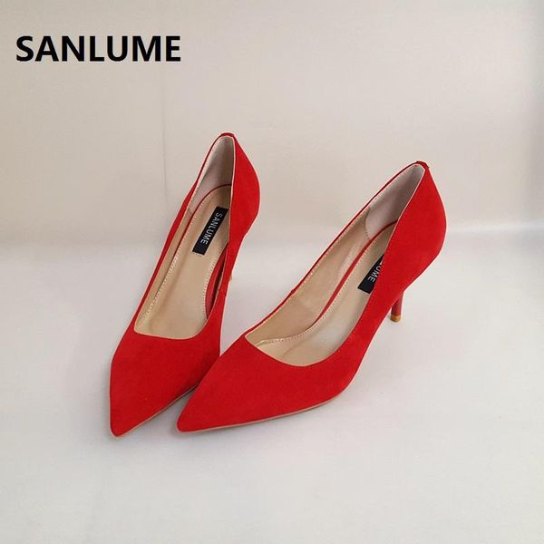 

dress shoes sanlume 7cm 10cm women pointed toe suede leather high heels classics red work office pumps sheepskin inside lady 40, Black