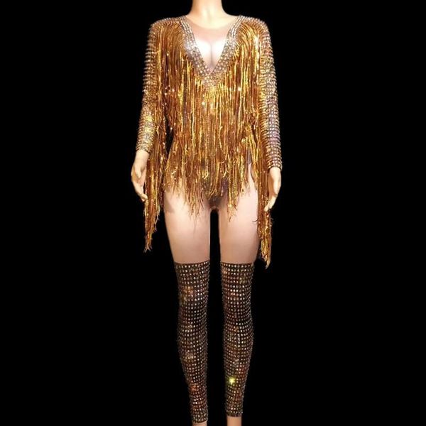 

women's jumpsuits & rompers dj singer stage wear dancer outfits gold tassel performance rhinestone elastic tights club party bodysuit j, Black;white
