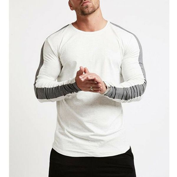 

2019 fashion trend men's fit gym long sleeve t-shirt casual o neck bodybuilding muscle autumn pre-fall solid simple tees, White;black