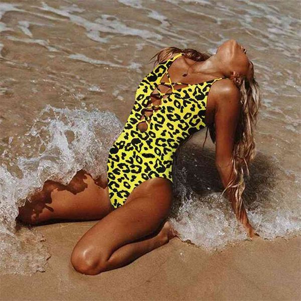

women swimsuit leopard print swimwear push up bathing suits bandage cross female beachwear backless bodysuit 210712, White;black