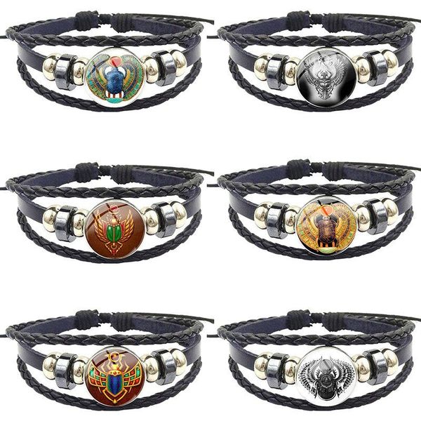 

charm bracelets fashion jewelry classic glass cabochon black leather bracelet bangle s for lovers friendship egyptian scarab, Golden;silver