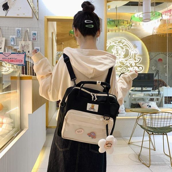

backpack style multi-functional women useful preppy shoulder bag contrast color flower pendant for teenage girls