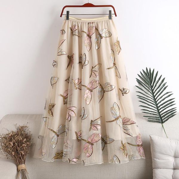 

skirts tall waist dragonflies embroidery flower fairy sequins gauze skirt long big umbrella pendulum bitter fleabane, Black