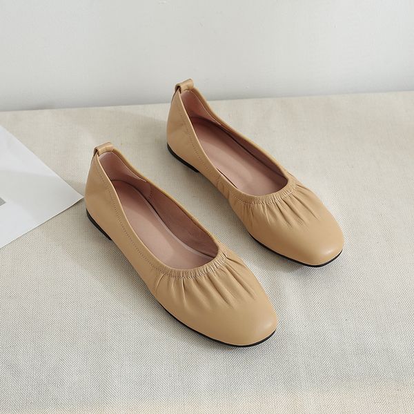 

3 color womens genuine leather slip-on ballerinas brand design pleated fashion female leisure soft ballet flats moccasnis shoesdress shoes, Black