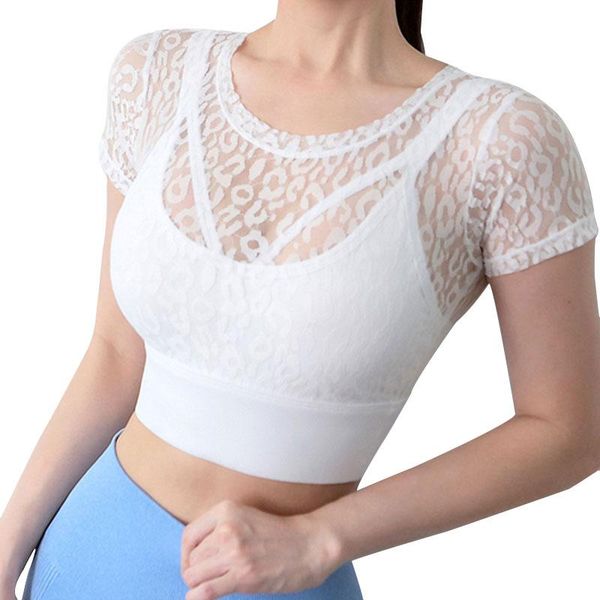 

yoga outfit 2021 fashion summer women crop round neck short sleeve hollow out embroidered lace running fitness sport t-shirt