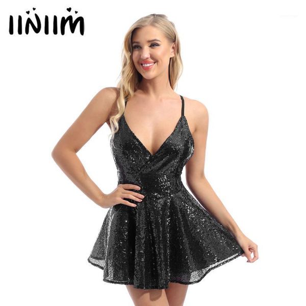 

casual dresses women deep v neck sequin dress ladies adjustable spaghetti strap sleeveless backless nightclub stage performance costume, Black;gray